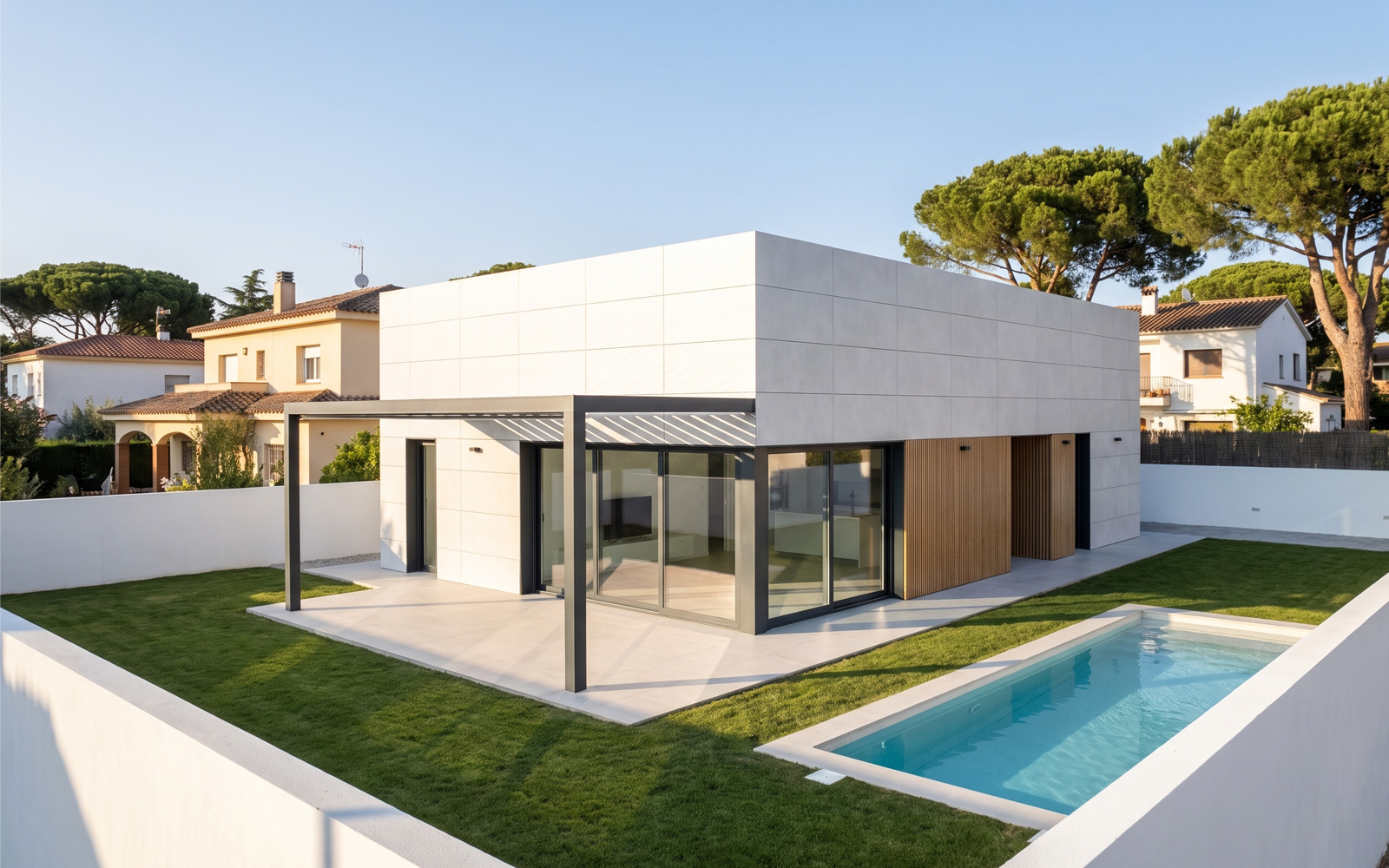 Casa de una planta de volúmenes blancos con fachada ventilada, pérgola y piscina