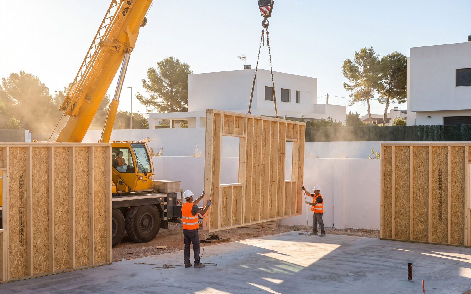 Montaje de un muro prefabricado con grúa en la obra