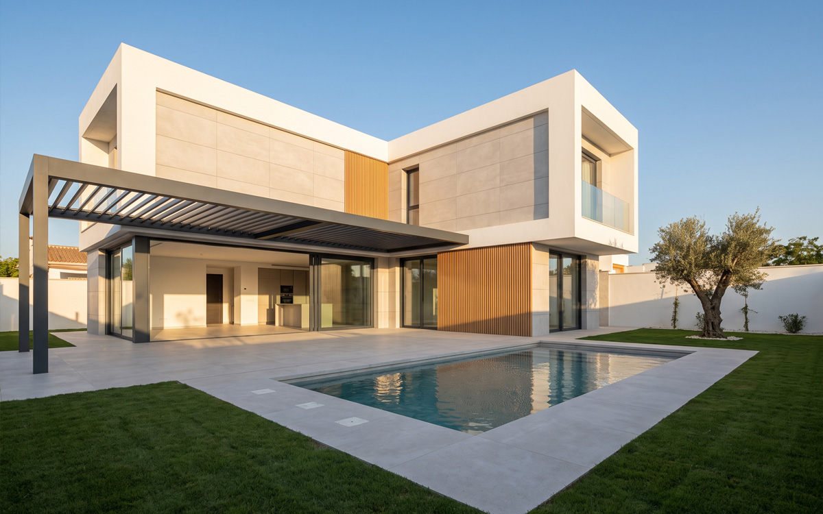 Casa Cazorla, casa pasiva grande en forma de L con patio y piscina