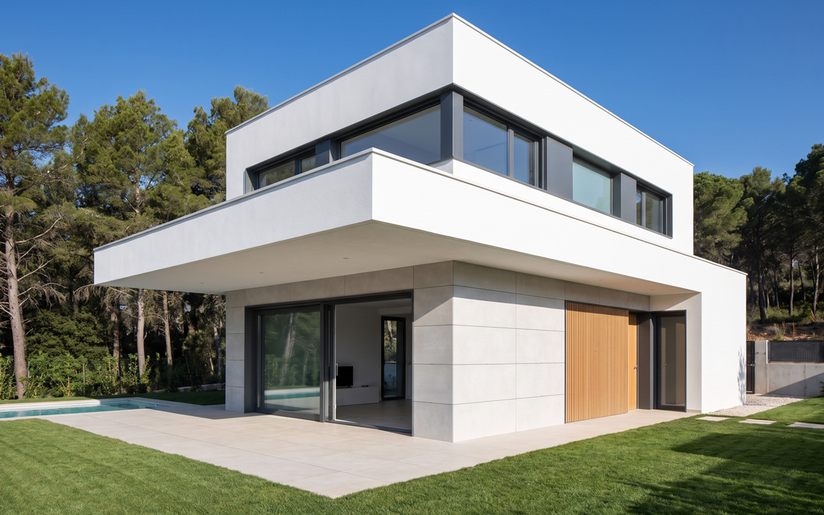Casa Pirineo, casa pasiva de dos plantas con la planta superior volada sobre la terraza