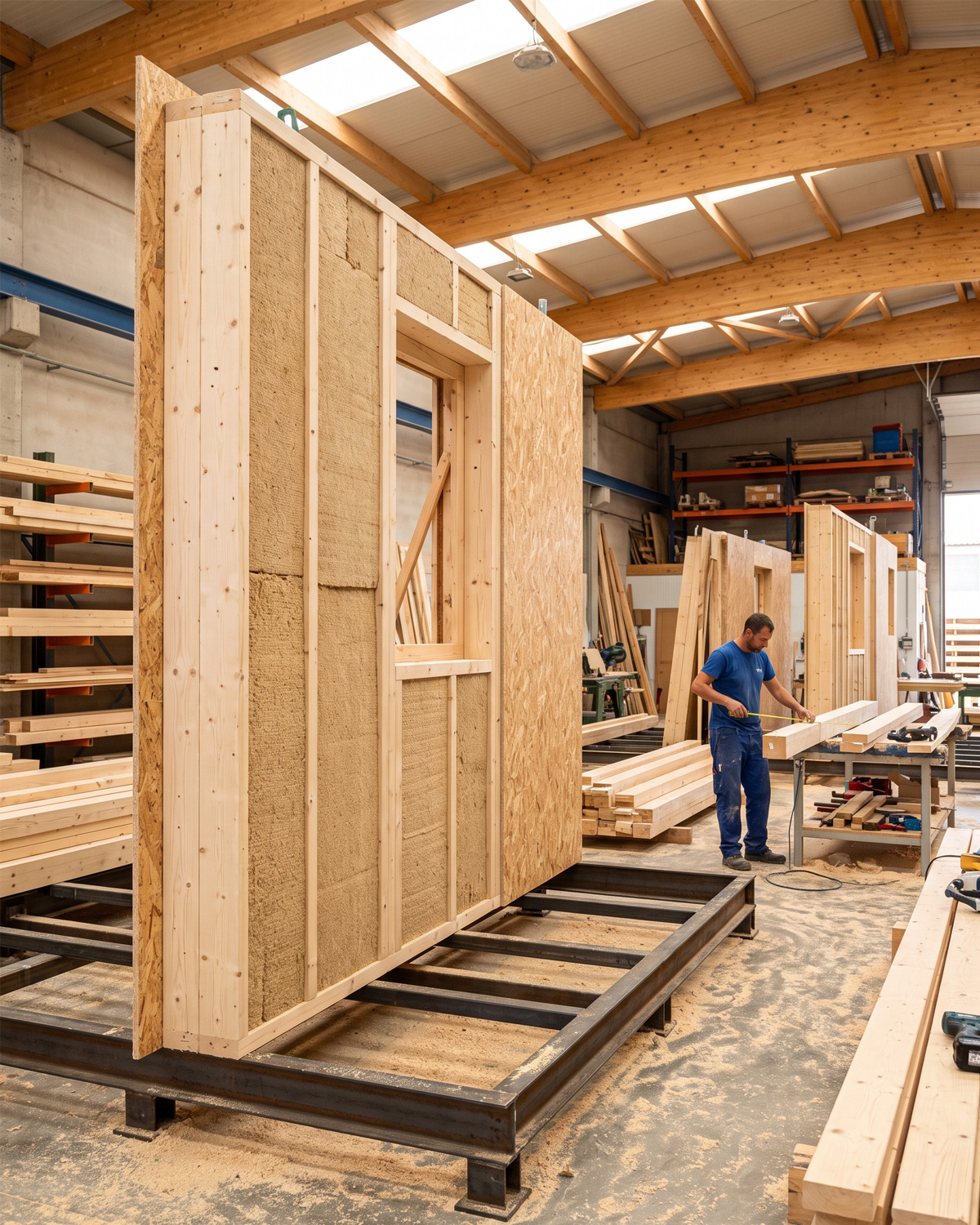 Panel de muro con aislamiento de fibra de madera en el taller