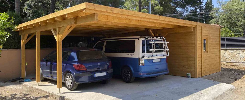 pergola de madera para coches y caseta en micasademadera