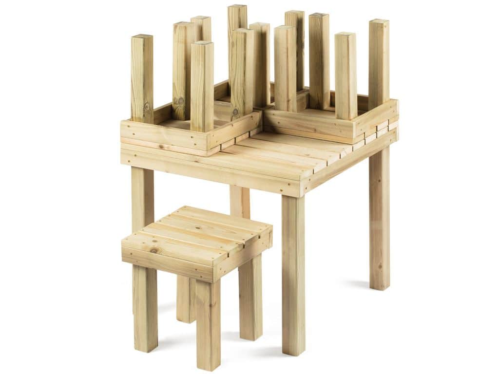 Set de madera Riga 80 – mesa 80×80 y 4 banquetas 4 Set Riga 80 con las banquetas sobre la mesa