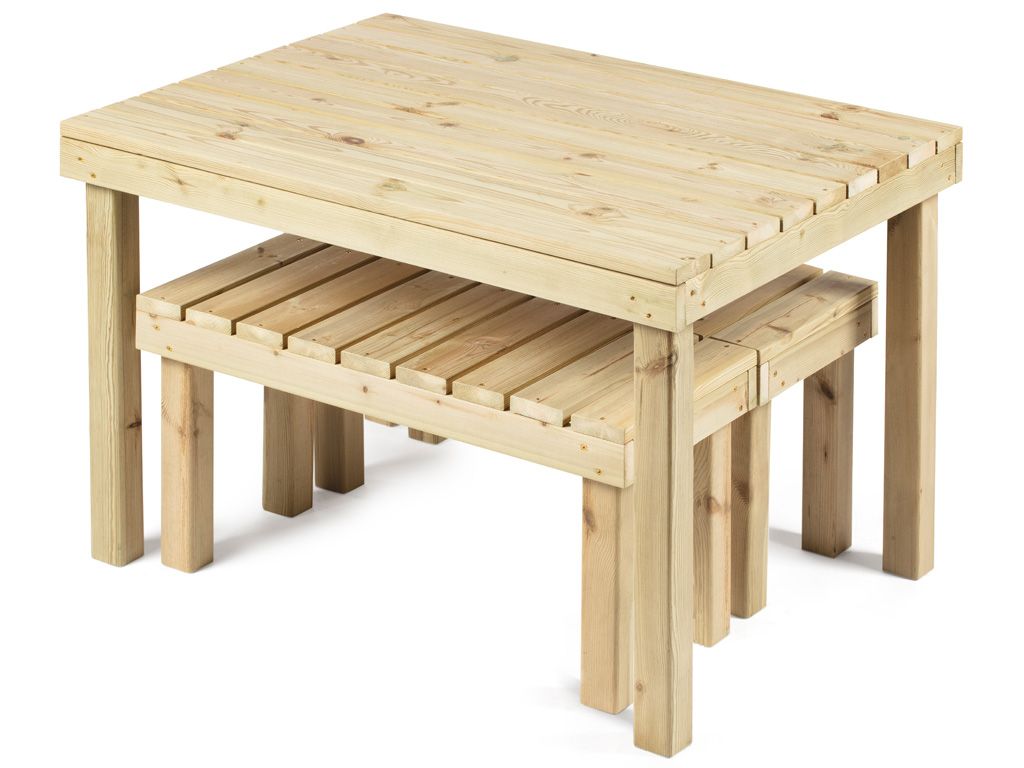 Set de madera Riga 120 – mesa 120×90 y 2 bancos 3 Set Riga 120 con los bancos recogidos bajo la mesa