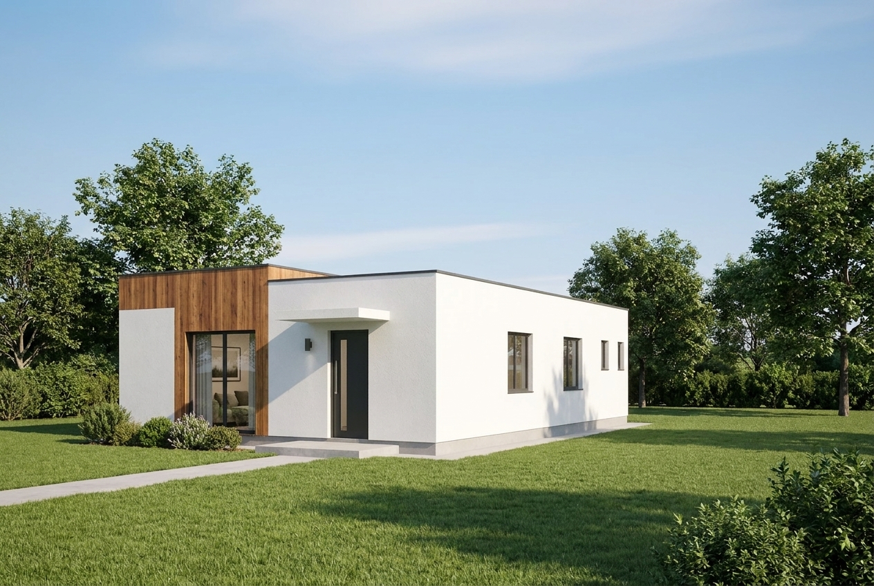 Casas de madera llave en mano en Cataluña 1 Casa de madera de una planta de 100 m² con fachada blanca y madera