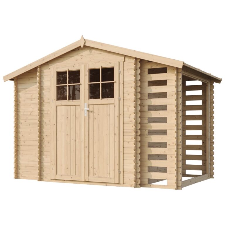 Caseta de madera con cobertizo y leñero Zivile puerta con cerradura 5,41 m2