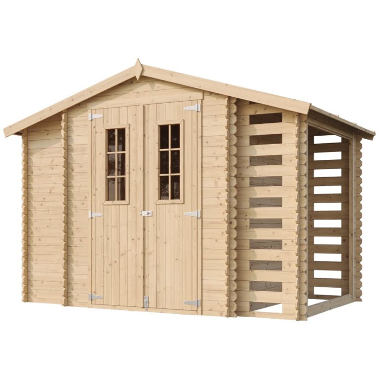 Caseta de madera con cobertizo y leñero Zivile puerta con ventanas 5,41 m2
