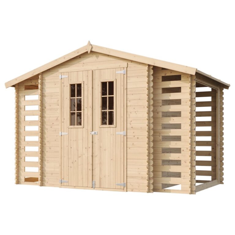 Caseta de madera con dos leñeros Adele puerta con ventanas 5,41 m2