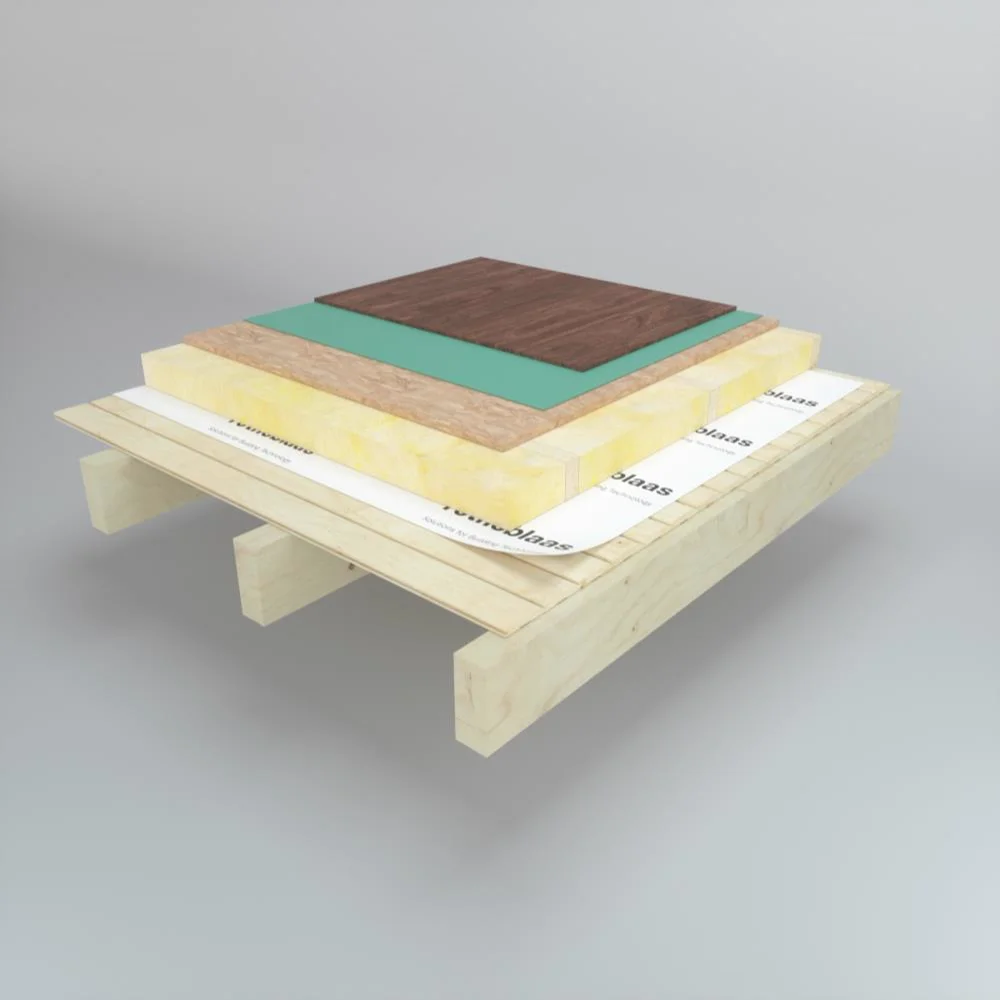 Composición del forjado entre plantas con vigas laminadas vistas y parquet