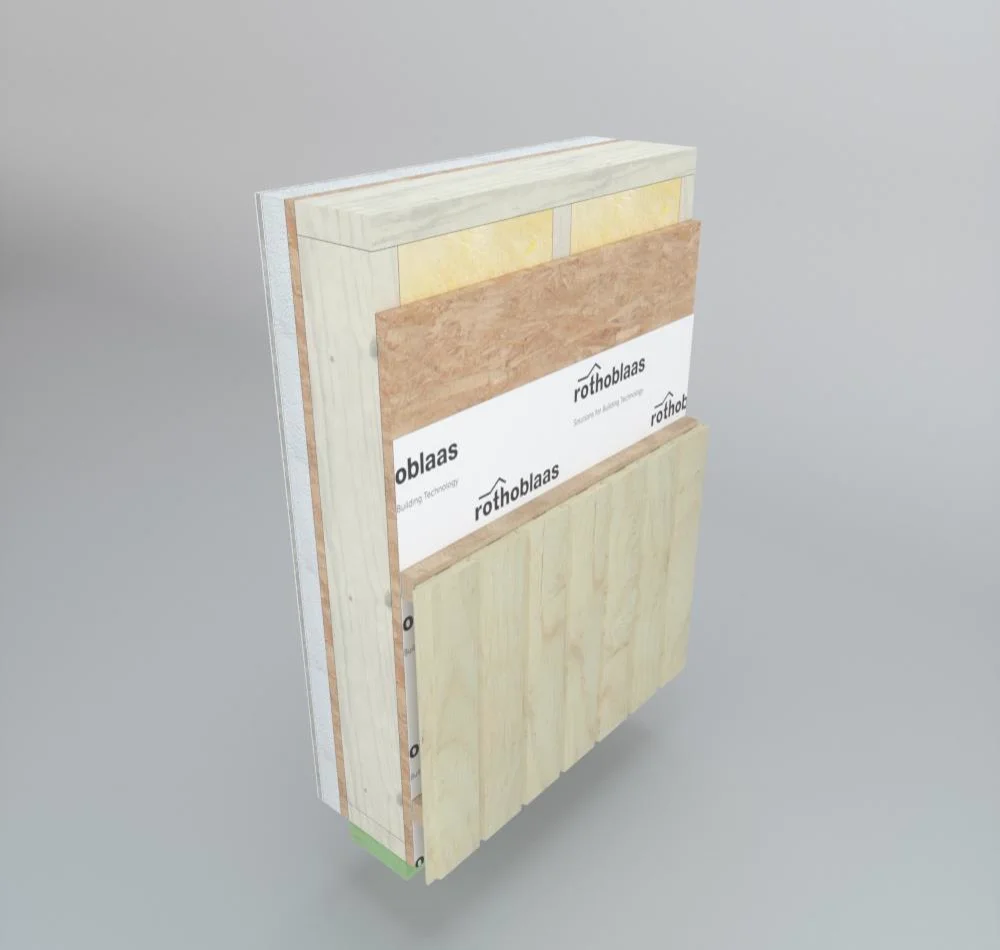 Composición de una pared de entramado ligero con fachada de madera y pladur por dentro