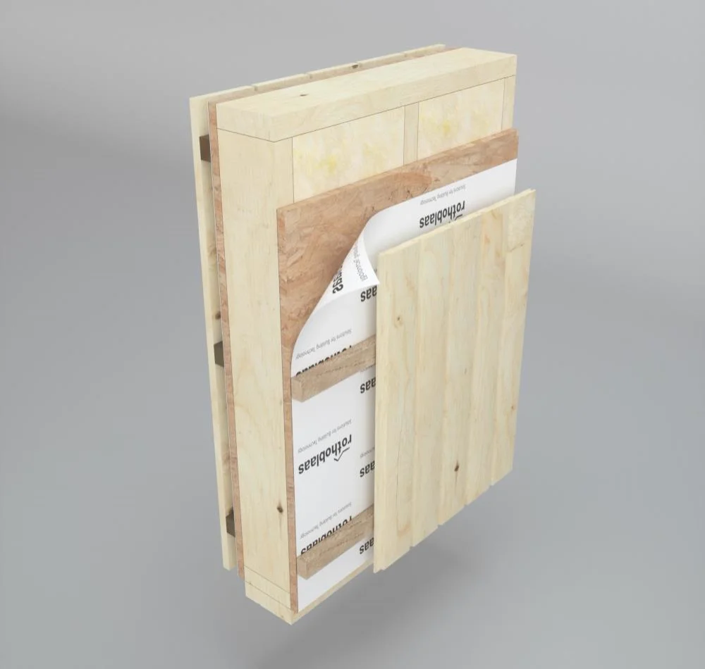Composición de una pared de entramado ligero con madera por fuera y por dentro