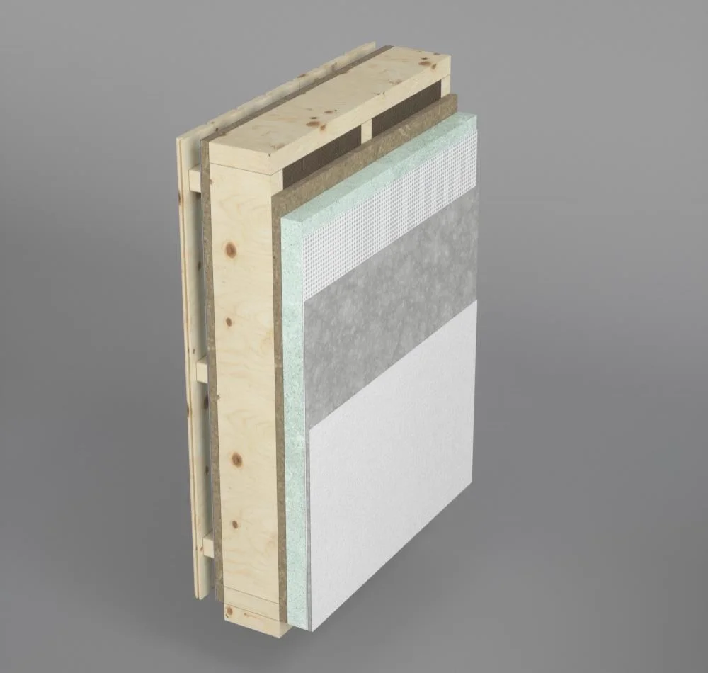 Composición de una pared de entramado ligero con SATE por fuera y madera por dentro