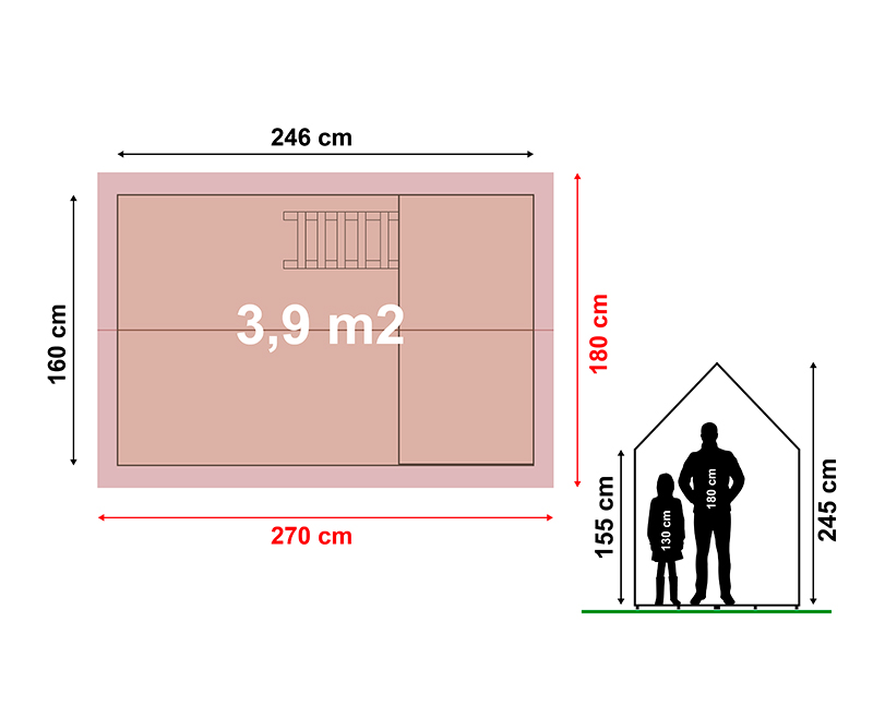 Casita infantil de madera Baviera – 4,1 m2 3 Plano con medidas de la casita infantil de madera Baviera