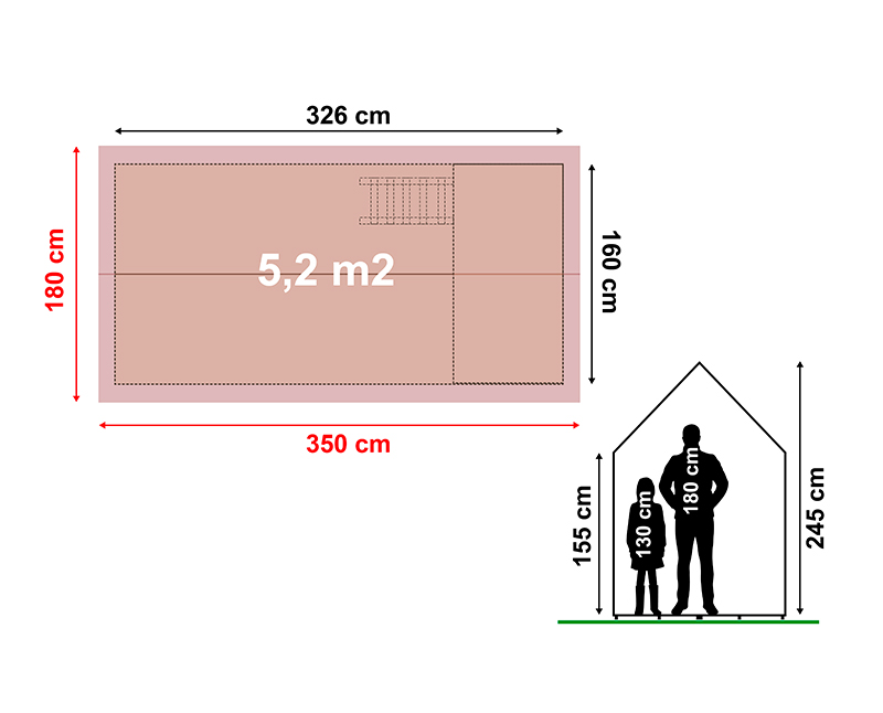Casita infantil de madera Paris – 5,4 m2 3 Plano con medidas de la casita infantil de madera París