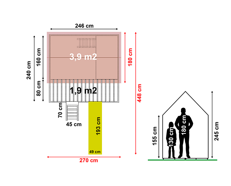 Casita infantil de madera Super Baviera – 6,2 m2 3 Plano con medidas de la casita infantil de madera Super Baviera