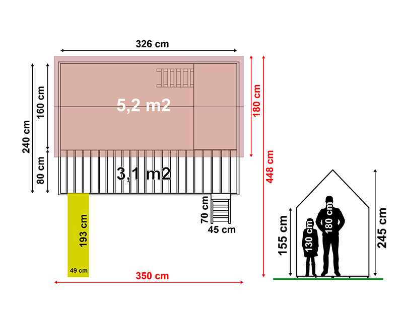 Casita infantil de madera Super Florida – 8,2 m2 3 Plano con medidas de la casita infantil de madera Super París Super Florida