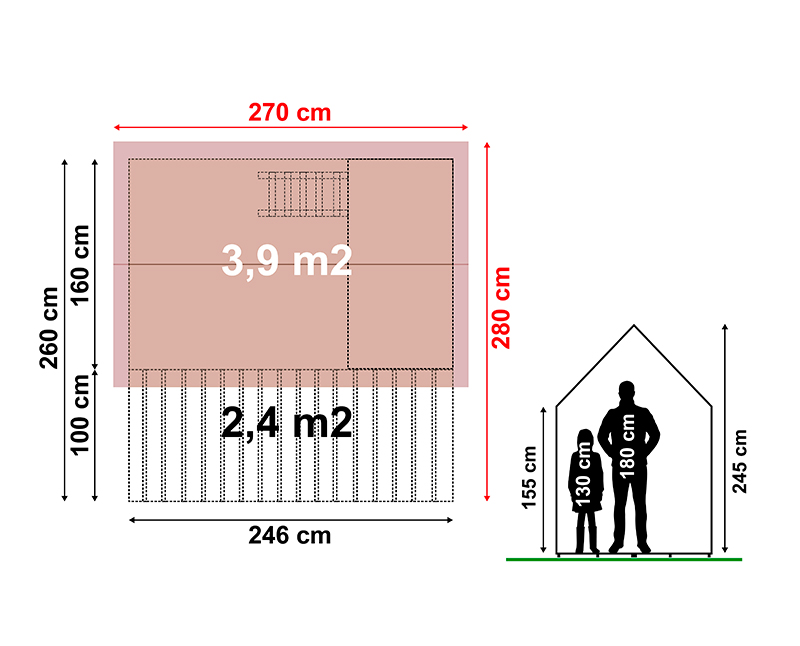 Casita infantil de madera Tirol – 6,8 m2 3 Plano con medidas de la casita infantil de madera Tirol